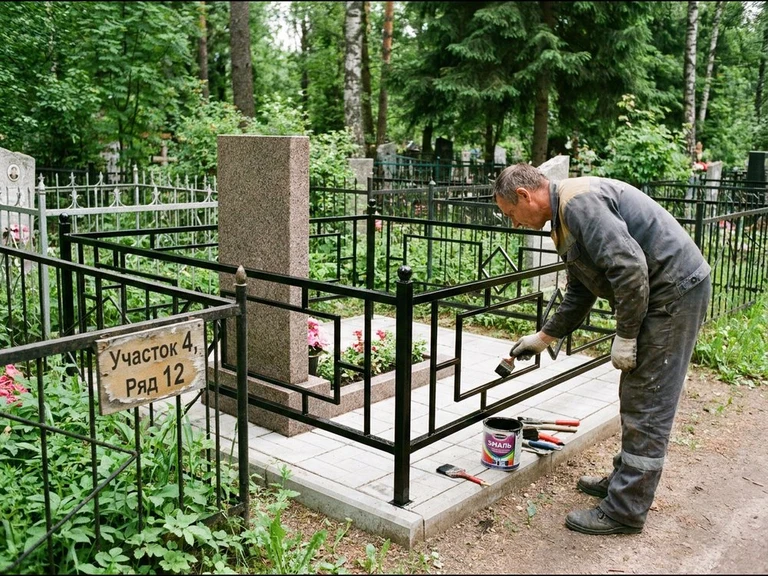 Покраска оградки на кладбище в Ярославле — мастер красит металлическую ограду на могиле чёрной эмалью