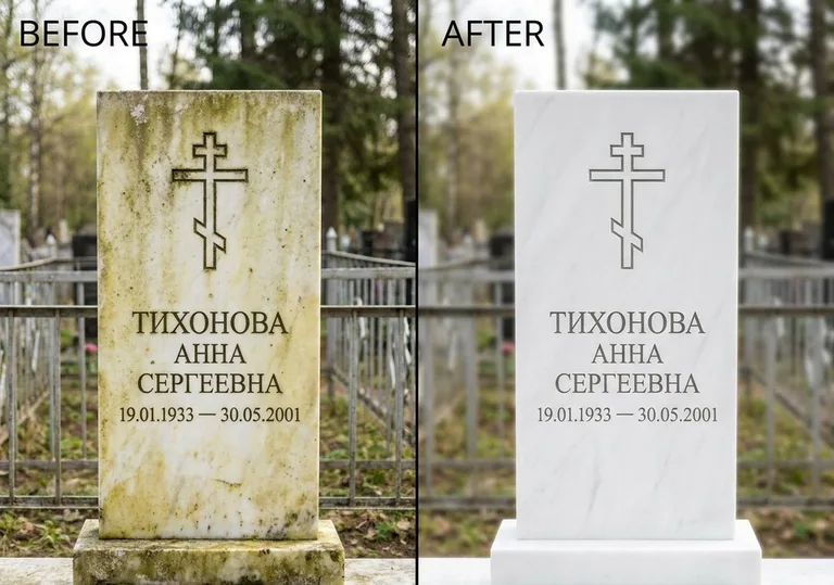 Восстановление мраморного надгробия от желтизны: до и после в Ярославле