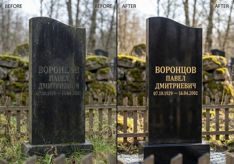 Золочение и обновление надписей на памятнике: до и после в Ярославле