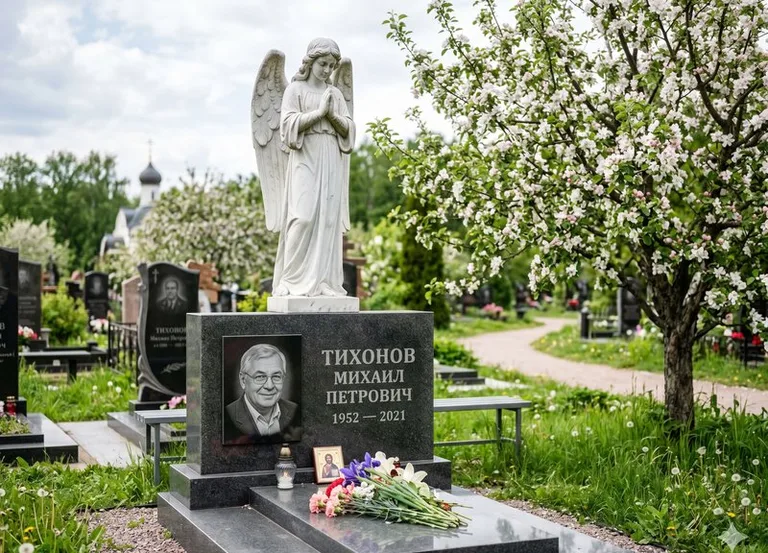 Мраморный молящийся ангел на гранитном памятнике весной в Ярославле