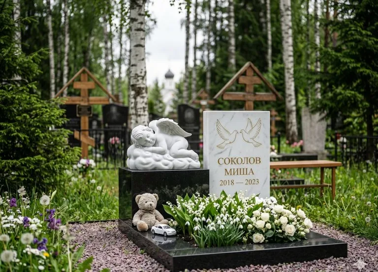 Белый ангелочек на детском памятнике в Ярославле
