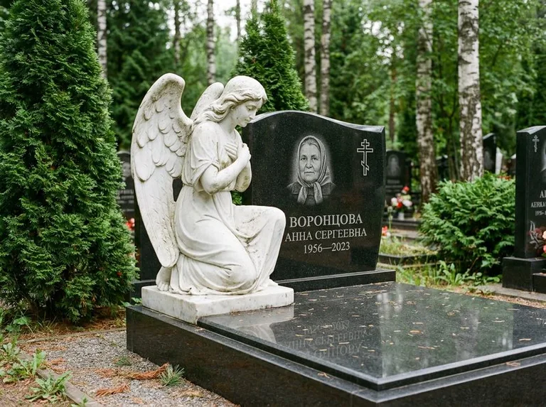 Белый мраморный ангел на гранитном памятнике в Ярославле