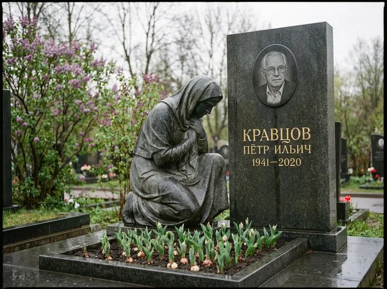 Гранитная скорбящая фигура у стелы на кладбище в Ярославле