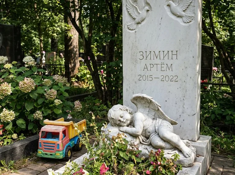Спящий ангелочек на детском памятнике в Ярославле