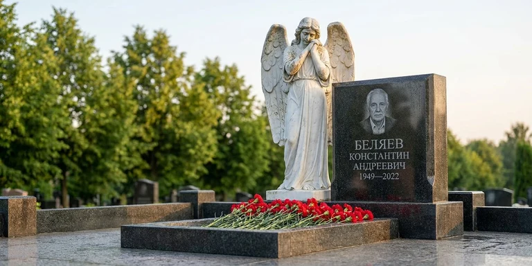 Скульптура на памятник в Ярославле — мраморный ангел на гранитном мемориале