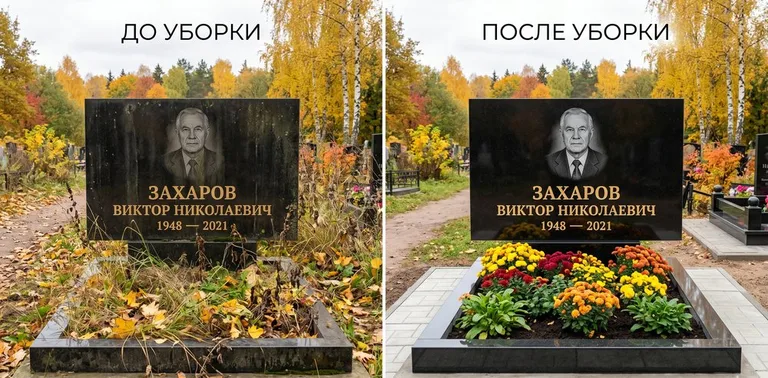 Главное фото галереи до/после: уборка могилы Захарова на гранитном участке в Ярославле