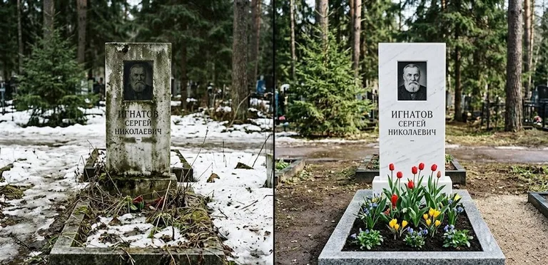 Диптих №6: высадка хризантем у подножия серого гранита — до и после уборки в Ярославле