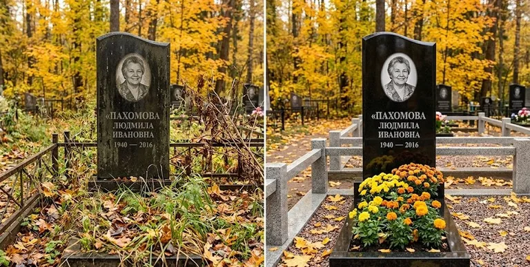 Уборка могилы до и после осенью — клёны в Ярославле
