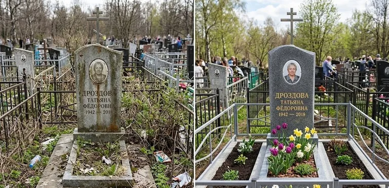 Диптих №4: свежепокрашенная серебром оградка и отмытый красный гранит — до и после в Ярославле