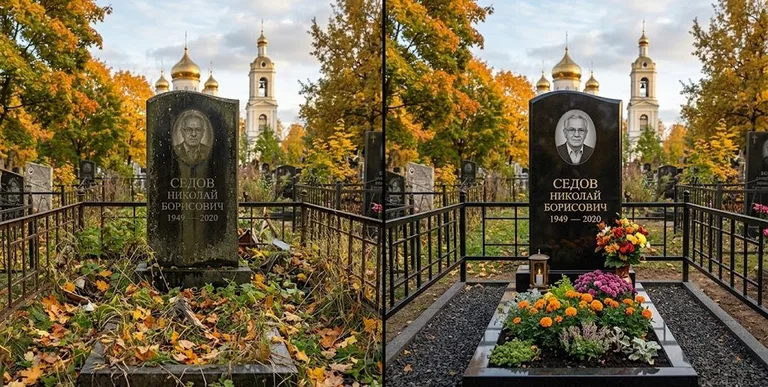 Уборка могилы до и после осенью — у церкви в Ярославле