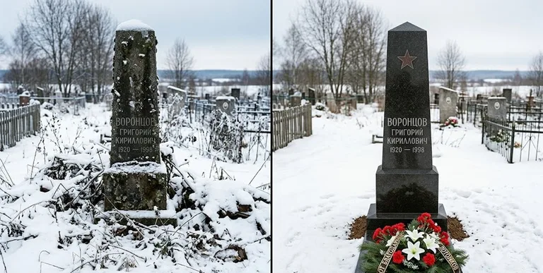 Уборка могилы до и после зимой — воинский обелиск в Ярославле