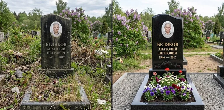 Уборка могилы до и после весной — цветущая сирень в Ярославле