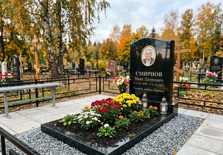 Ухоженная могила после уборки и мойки памятника в Ярославле