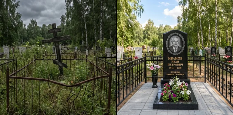 Благоустройство могилы до и после установки памятника в Ярославле