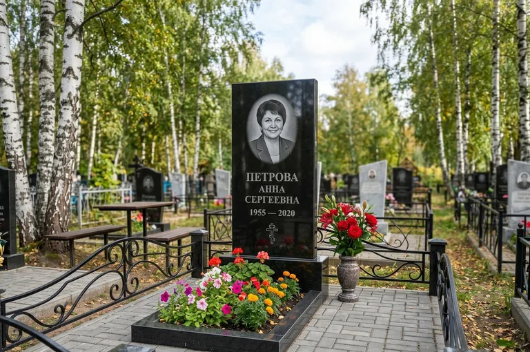 Гранитный памятник с цветником и плиткой в Ярославле