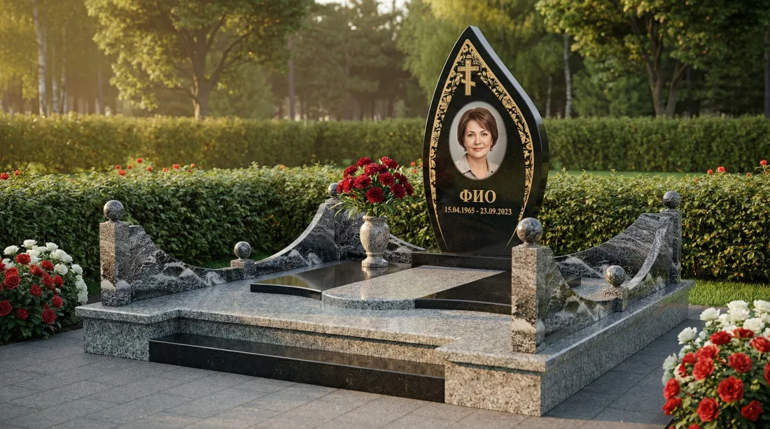 Памятник дочери чёрный в форме капли с овальным цветным портретом, крестом и красными розами Памятник дочери чёрный в форме капли с овальным цветным портретом, крестом и красными розами