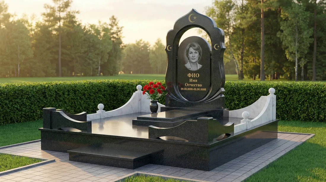 Памятник дочери чёрный с овальным портретом, исламским полумесяцем и белой мраморной оградкой Памятник дочери чёрный с овальным портретом, исламским полумесяцем и белой мраморной оградкой