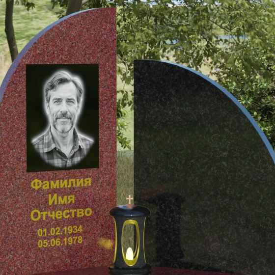 Гранитный монумент с асимметричной стелой и лампадой, гранит Лезниковский