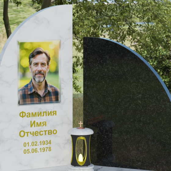 Гранитный монумент с асимметричной стелой и лампадой, мрамор Тассос