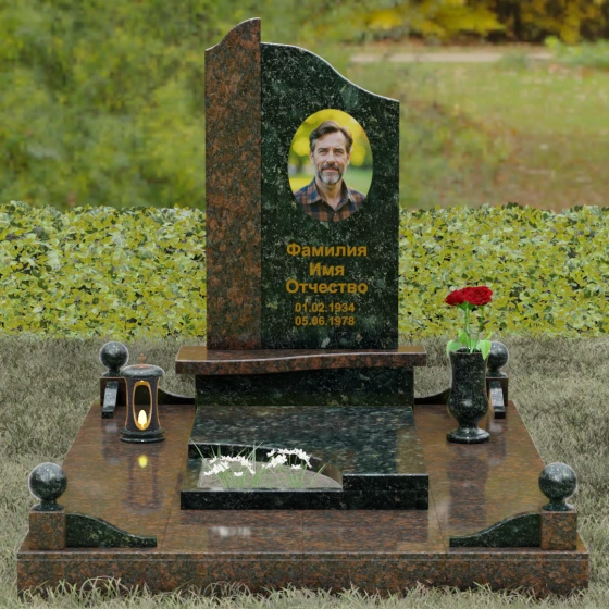Памятник асимметричной формы с плавными волнами, гранит Балтик грин, вид 2