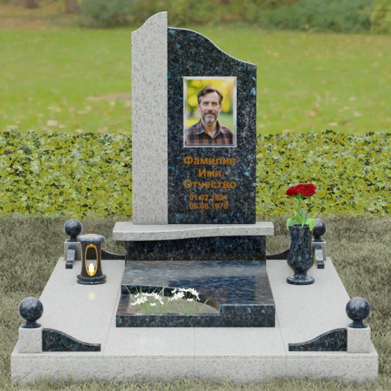 Памятник асимметричной формы с плавными волнами, гранит Блю Перл, вид 2
