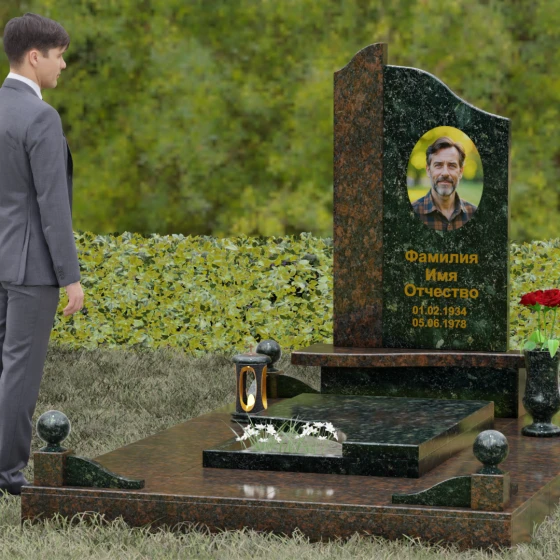 Памятник асимметричной формы с плавными волнами, гранит Балтик грин, вид 4