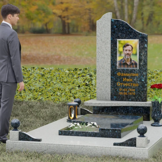 Памятник асимметричной формы с плавными волнами, гранит Блю Перл, вид 4