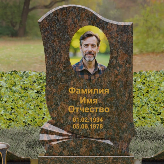 Гранитный монумент с веерным орнаментом и волной, гранит Дымовский
