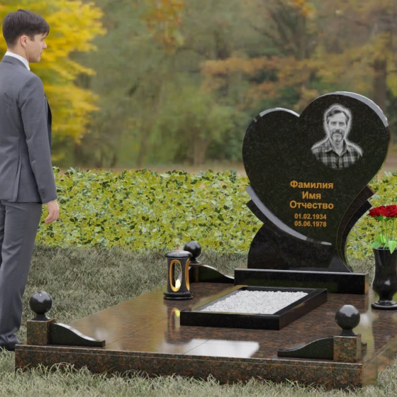 Мемориал в форме сердца с резными элементами, гранит Габбро-диабаз, вид 4