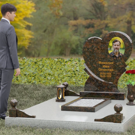 Мемориал в форме сердца с резными элементами, гранит Дымовский, вид 4