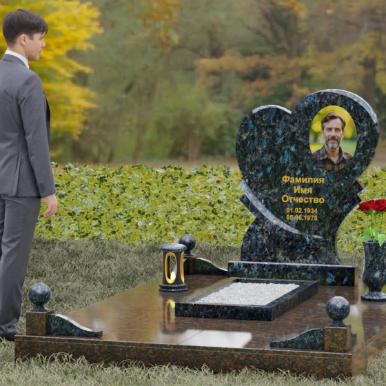 Мемориал в форме сердца с резными элементами, гранит Блю Перл, вид 4