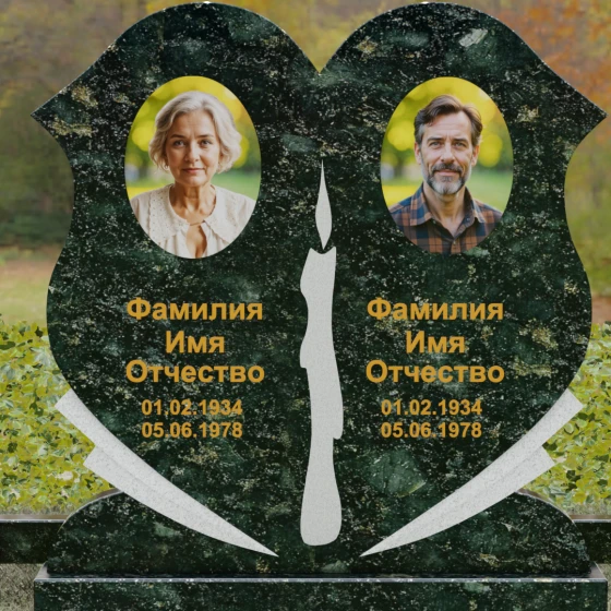 Горизонтальный двойной памятник-сердце из гранита, гранит Балтик грин