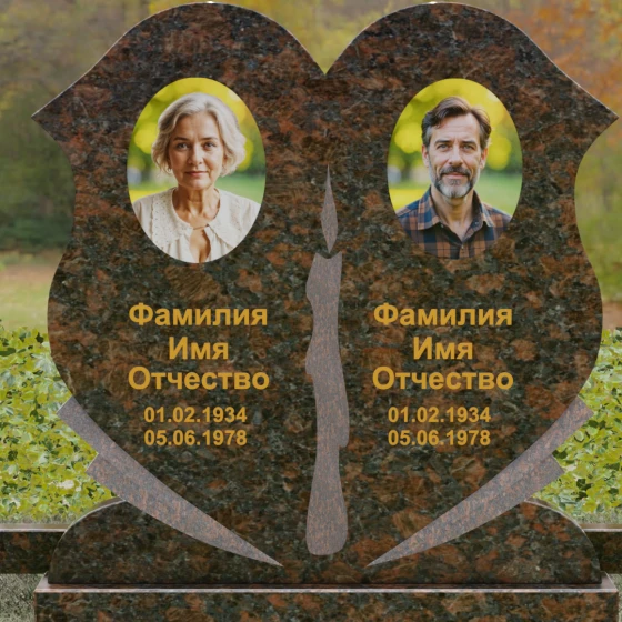 Горизонтальный двойной памятник-сердце из гранита, гранит Дымовский