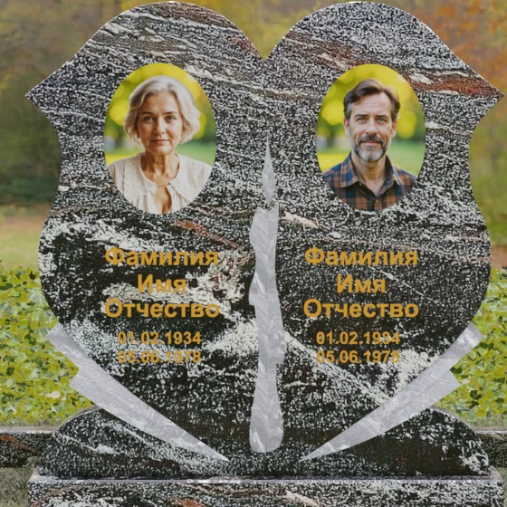 Горизонтальный двойной памятник-сердце из гранита, гранит амфиболит