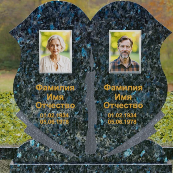 Горизонтальный двойной памятник-сердце из гранита, гранит Блю Перл