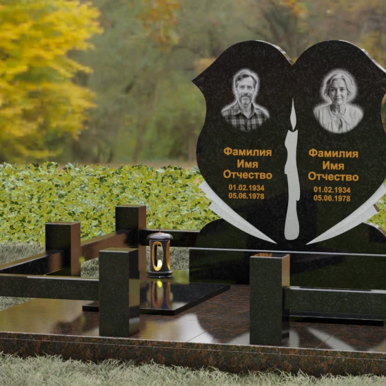 Горизонтальный двойной памятник-сердце из гранита, гранит Габбро-диабаз, вид 4