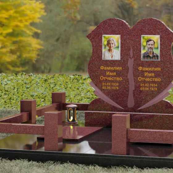 Горизонтальный двойной памятник-сердце из гранита, гранит Лезниковский, вид 4