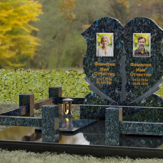 Горизонтальный двойной памятник-сердце из гранита, гранит Блю Перл, вид 4