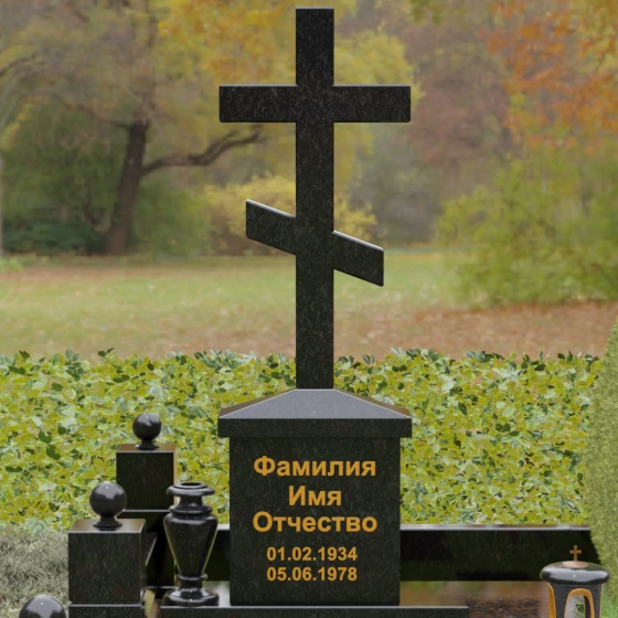 Гранитный памятник-крест восьмиконечный с шарами, гранит Габбро-диабаз