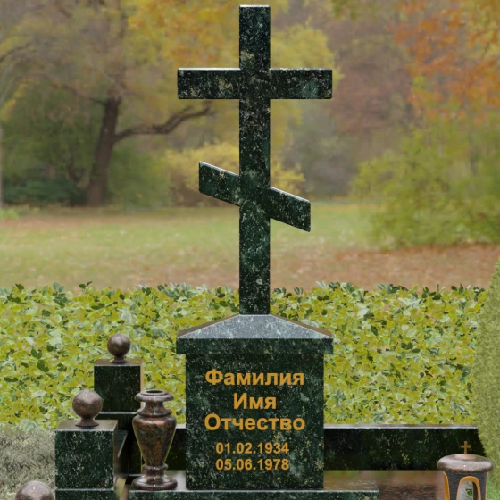 Гранитный памятник-крест восьмиконечный с шарами, гранит Балтик грин