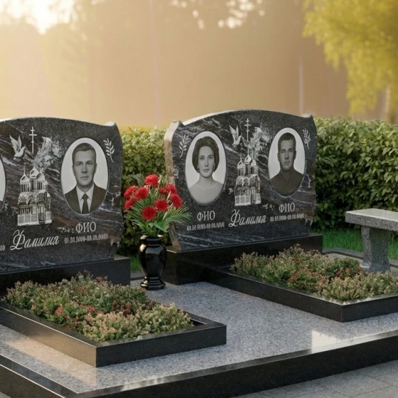 Двойной православный гранитный монумент с куполами, гранит амфиболит