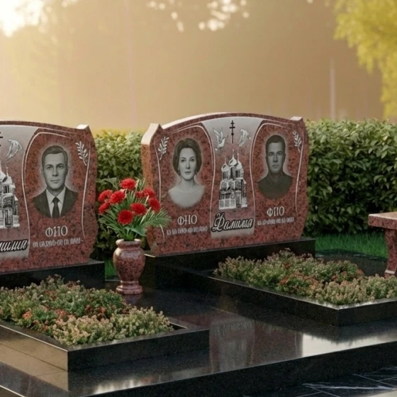 Двойной православный гранитный монумент с куполами, гранит Лезниковский