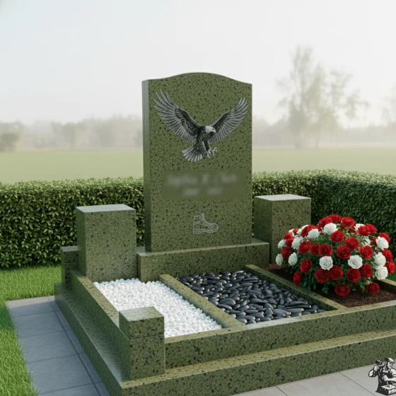 Гранитный памятник с барельефом орла, гранит Балтик грин