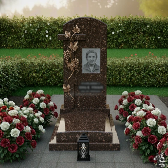 Гранитный мемориальный комплекс с крестом и виноградной лозой, гранит амфиболит