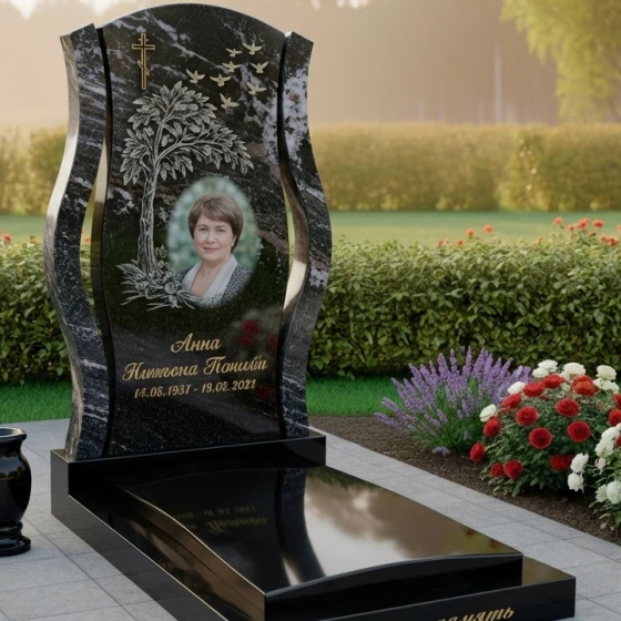 Православный памятник с древом жизни и птицами, гранит амфиболит