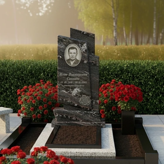 Мемориальная композиция с розой и асимметричными блоками, гранит амфиболит