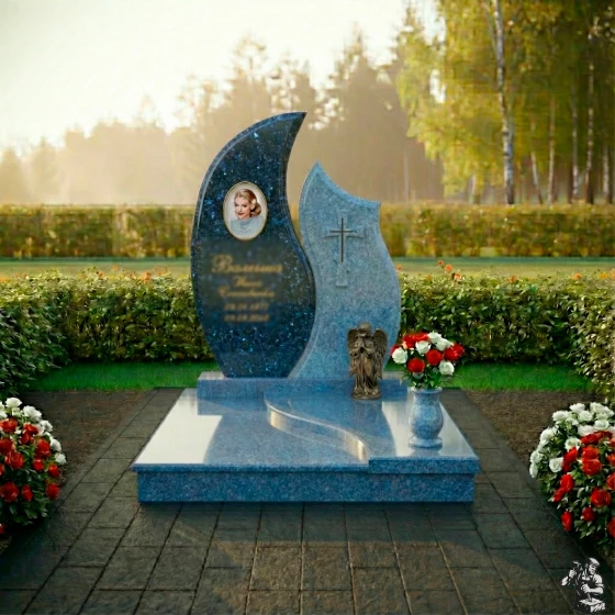 Комбинированный памятник с крестом и ангелом, гранит Блю Перл