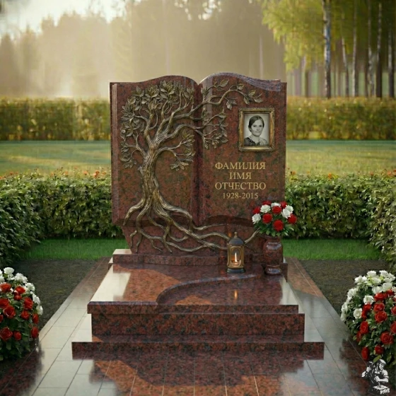 Монумент «Книга Жизни» с Древом и цветами, гранит Лезниковский