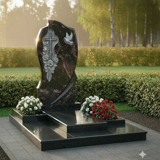 Гранитный монумент «Пламя» с крестом и голубем, гранит амфиболит