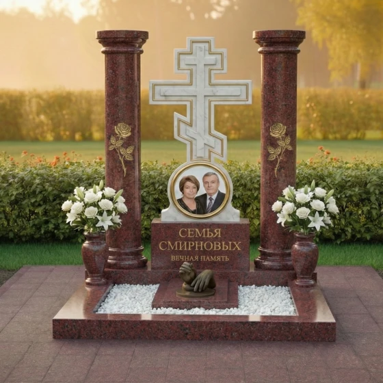 Двойной гранитный памятник с колоннами и крестом, гранит Лезниковский